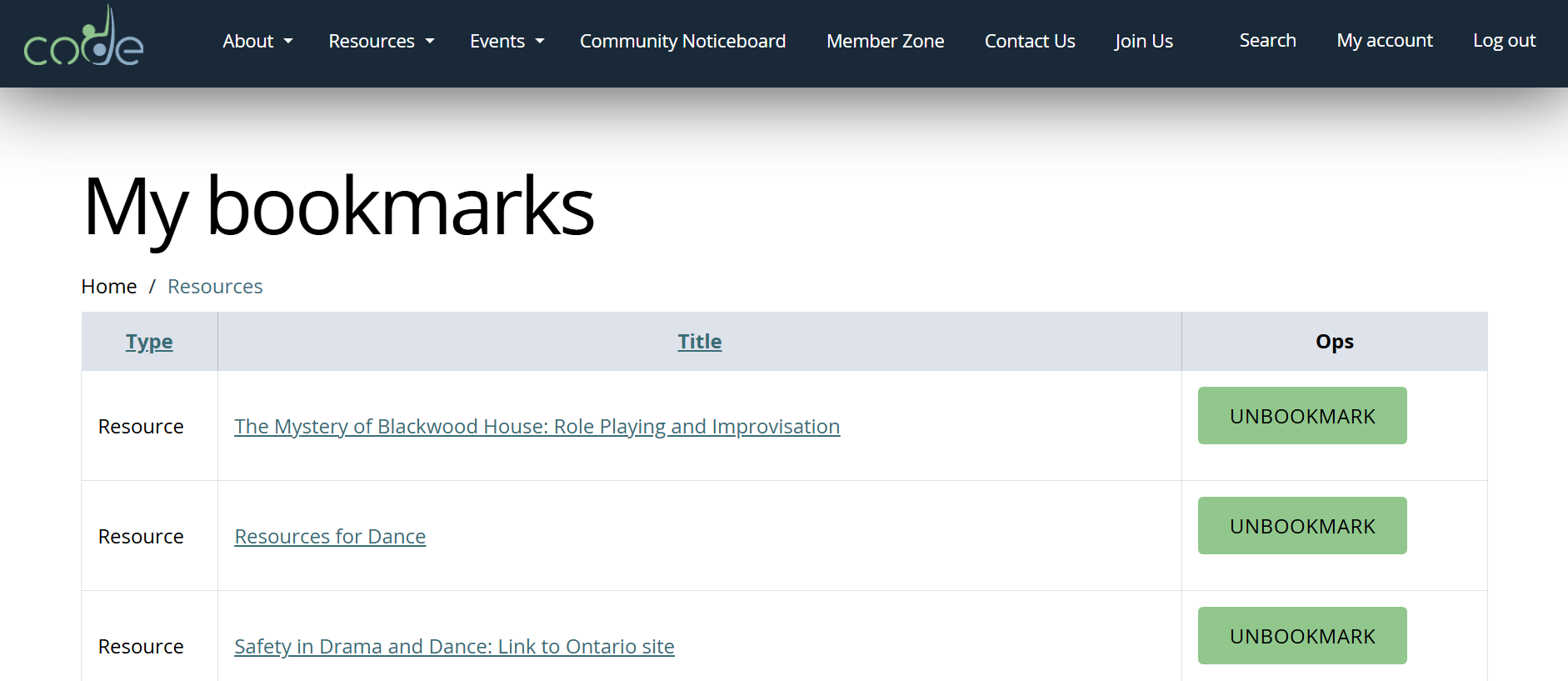 Screenshot of the website My bookmarks feature