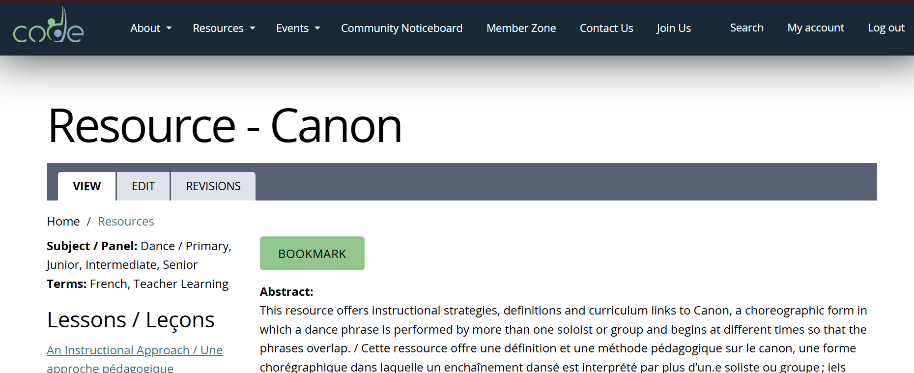 Screenshot of a Resource with the bookmarking function on the website
