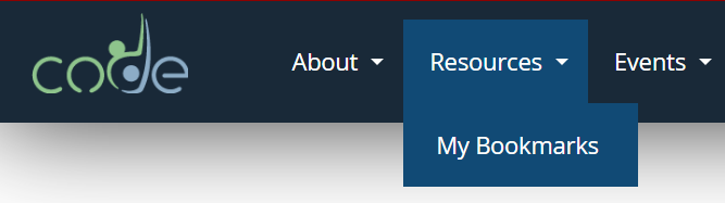 Screenshot of CODE website menu bar with My bookmarks location
