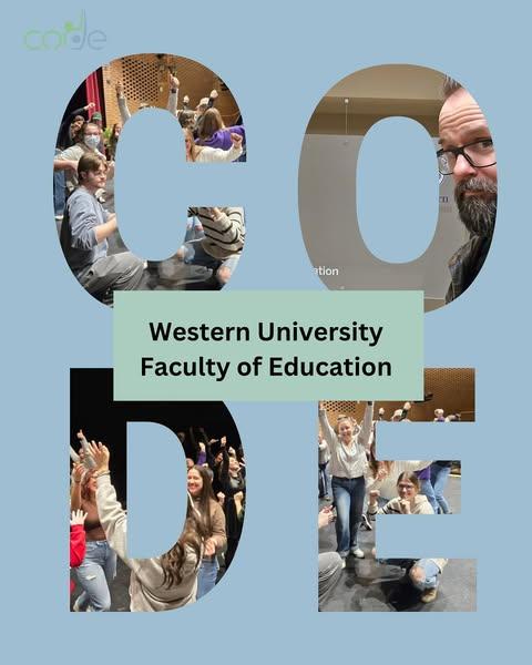 cover image featuring students at Western University and Matthew Sheahan within the letters for CODE