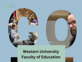 cover image featuring students at Western University and Matthew Sheahan within the letters for CODE
