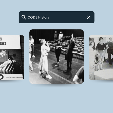 A graphic with a search function bar that reads "CODE History". Below are three images from CODE's Archives in black and white that appear to be scrolling horizontally across the page.