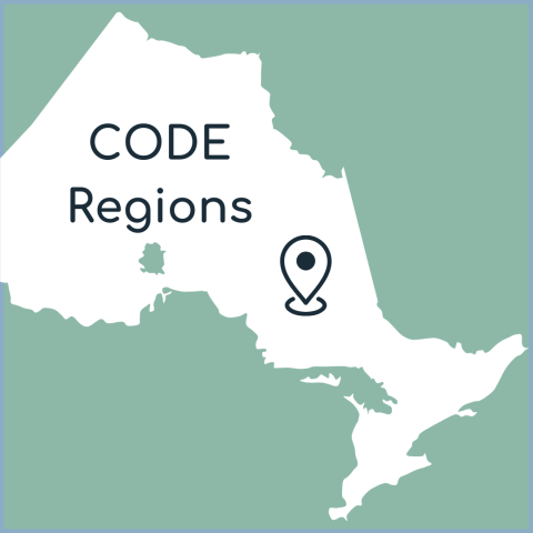 Map of Ontario in white against a green background with an icon indicating a destination on a map. Dark text reads "CODE Regions"
